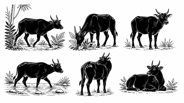 Banteng Cattle Silhouettes in Various Poses