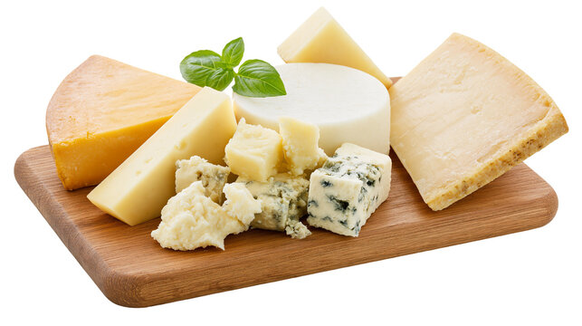 Assortment of cheese pieces and wedges on wooden board with basil