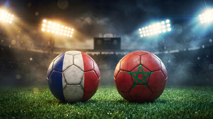 Naklejka premium Realistic France and Morocco flag Foot balls on dramatic atmospheric stadium pitch at night