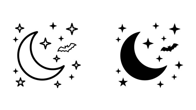 Night Sky Icons: A stylized crescent moon with sparkling stars and a small bat flying across the dark expanse, presented in both outline and solid black graphic styles.