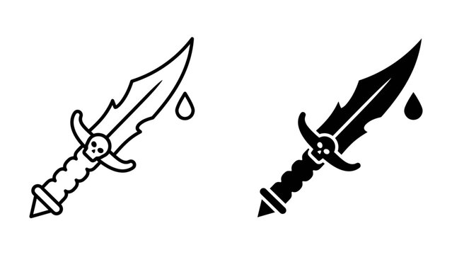 Dagger with Blood Drop: A menacing dagger with a skull emblem on its hilt, depicted in both outline and solid black, featuring a blood drop dripping from its ornate blade.
