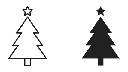 Obraz premium Christmas Tree Icons: Two stylized Christmas tree icons, one outlined and one solid black, each adorned with a star at the top, representing festive holiday spirit.
