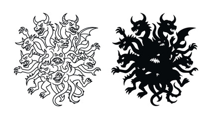 Mythical Multi-headed Monster Design: A striking graphic illustration of a fearsome multi-headed mythical creature, presented in both outline and silhouette form. © Sara