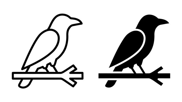 Raven Silhouette and Outline: A stylized illustration featuring two crows or ravens perched on a branch, one depicted as a solid black silhouette and the other as a clean outline.