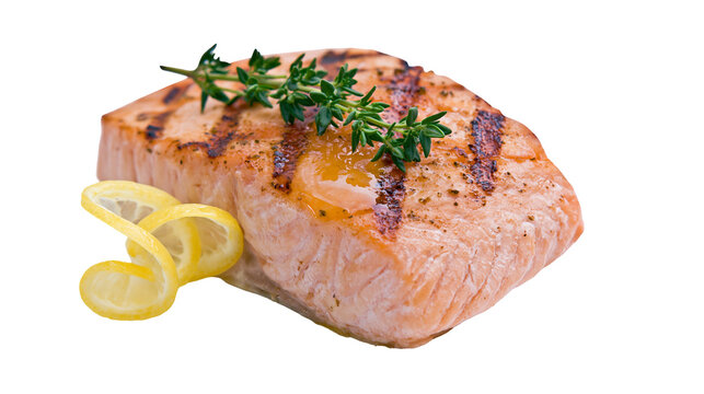 Grilled salmon steak with lemon slices and thyme sprig