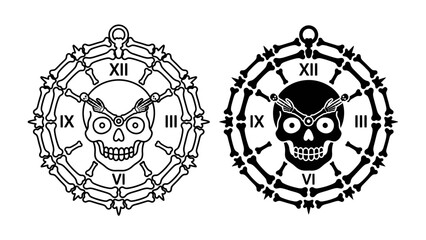 Gothic Skull Clock Design: A striking graphic representation of a clock face designed with a skull motif at its center and a frame constructed from bones and Roman numerals. © Sara