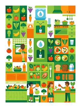 Healthy nutrition and balanced diet infographic with kids