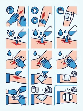 Wound care first aid instructions for cleaning and bandaging an injury