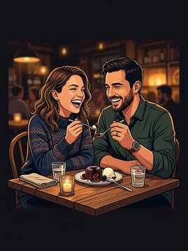Romantic couple enjoying a dessert at a cozy restaurant date