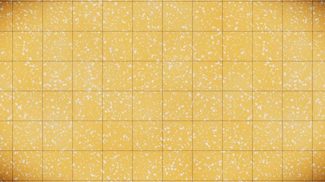 Abstract warm yellow pattern background with white speckles, square tiles, and dark grid lines, a seamless loop motion graphic