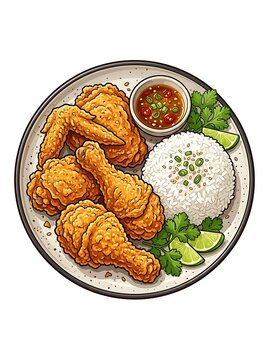 Crispy fried chicken served with steamed rice and spicy dipping sauce