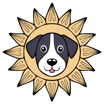 Dog face in sunflower drawing cartoon graphic, puppy illustration, cheerful and happy animal pet with flower petals
