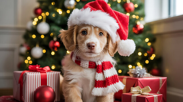 Adorable puppy in Santa hat, Christmas dog, holiday pet, festive gifts