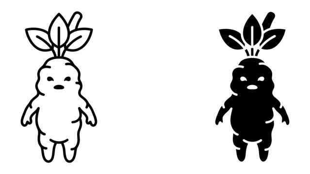 Mandragora Creature Illustration: Two stylized illustrations of a mandragora creature, one in black and white outline and the other as a solid silhouette, both featuring leafy tops and stubby limbs.