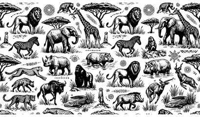 Hand Drawn Safari Wildlife Seamless Pattern in Black Ink Engraving Style Vector Set © Tuzmmal