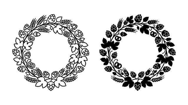 Circular Wreath Designs: Two decorative circular wreath designs showcasing botanical elements like hops and wheat, presented in both outlined and silhouette styles.