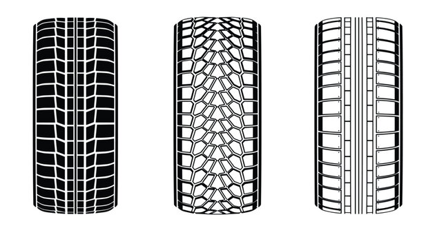 Three black and white tire tread patterns are displayed side by side to show different car tyre designs.