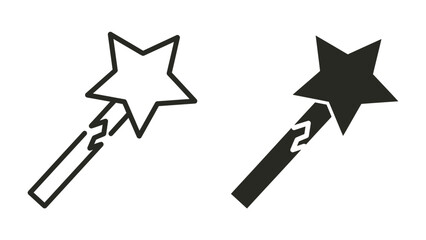 Magic Wand Icons: Two stylized magic wands, one outlined and one solid black, are presented side-by-side, showcasing a simple yet enchanting design element for creative projects. © mnv