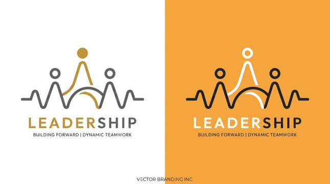 Abstract figures representing leadership and teamwork with bridge and pulse line icon logo template