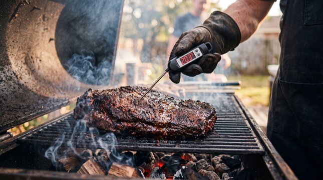 A male cook wearing black gloves uses a digital meat thermometer to check the internal temperature of a large beef brisket on an outdoor charcoal grill