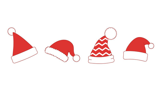 Four cartoon Santa hats in different shapes with dark outlines are presented in a row on a white backdrop.