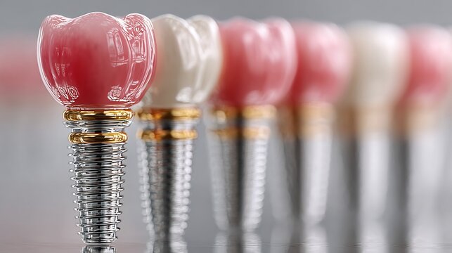 Close-up of dental implants with prosthetic crowns and metallic screws arranged in a row on reflective surface