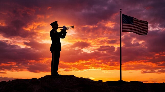 Silhouette of a military bugler playing trumpet during sunset with an American flag waving on a flagpole in the background against dramatic clouds
