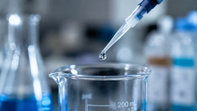Close macro view shows plastic pipette dispensing single clear droplet into glass beaker marked 200 mL inside modern laboratory, with cool blue tones, blurred tubes, precise glass markings, and