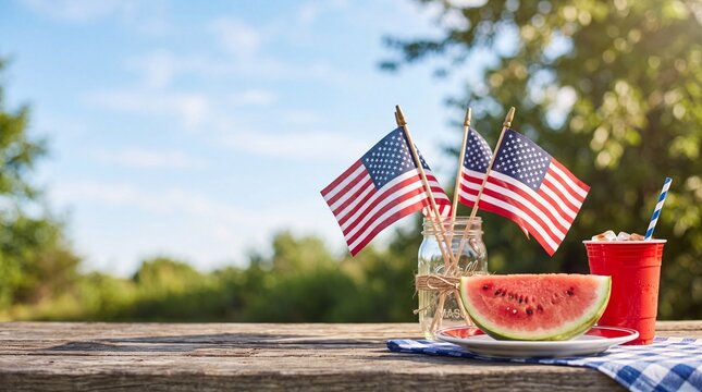American flags and fresh watermelon slice on a wooden picnic table with summer drinks outdoors during a patriotic Fourth of July celebration in the sun