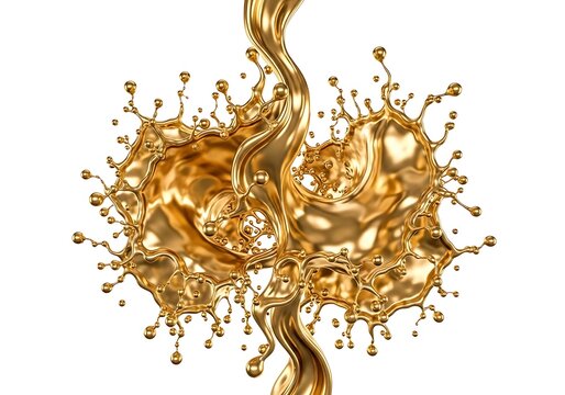 Abstract liquid gold splash with dynamic flying droplets and elegant flowing metallic brown waves