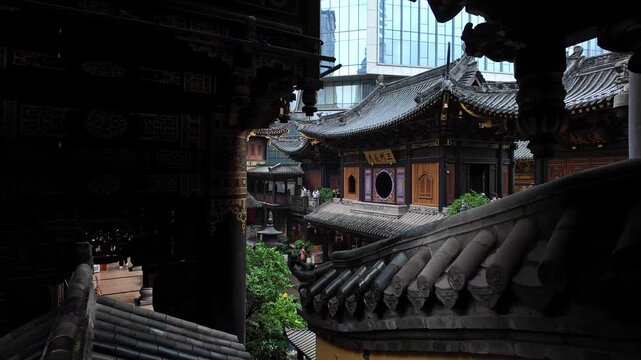Chongqing, China: Panoramic footage from the roof of famous Luohan Buddhist temple with its chinese traditional ancient architecture in Chongqing city center. 