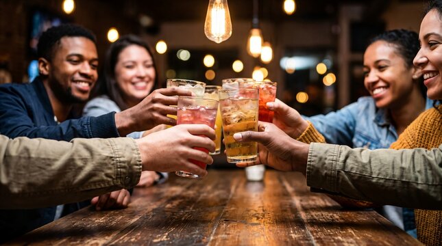 Diverse group of corporate colleagues enjoying drinks and laughing at a rooftop bar