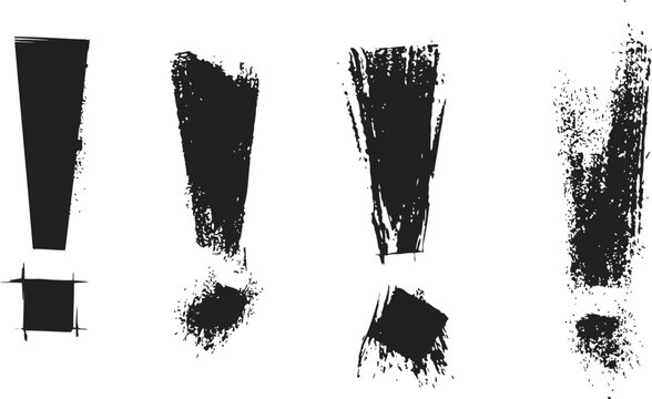 Four black grunge exclamation marks distressed rough paint brush stroke style, vertical emphasis with uneven textures and splatters