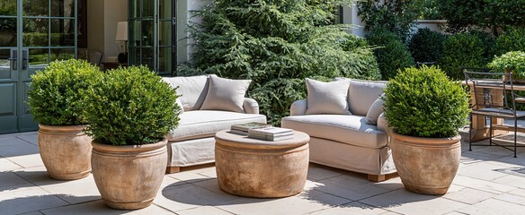 Fototapeta premium A sunlit patio features rustic clay pots with vibrant green shrubs, complemented by inviting outdoor seating.