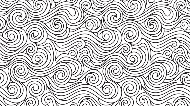 Abstract seamless pattern with flowing wavy lines and decorative swirls in a hand drawn monochrome ink sketch style design
