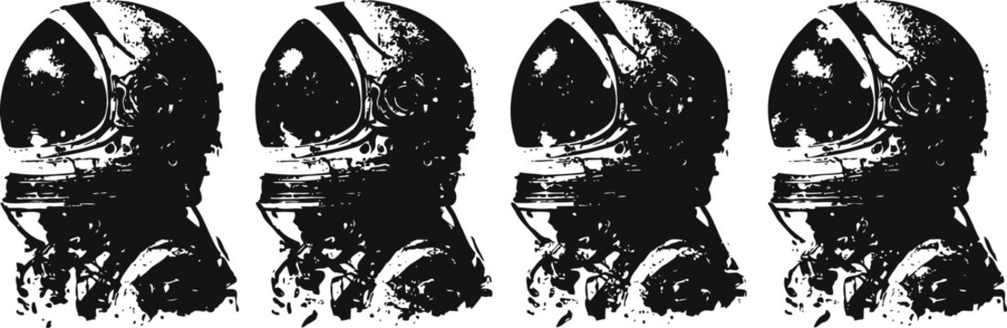four black and white astronaut helmets aligned in a row with reflective visors