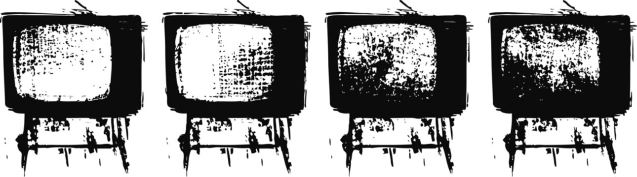 four vintage televisions with grunge texture effect retro electronic devices, old fashioned tv sets in distressed