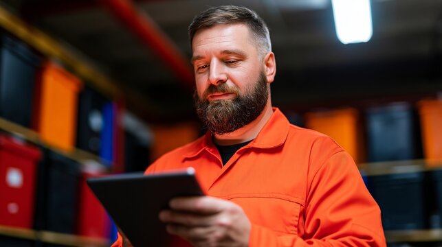Warehouse Worker Engrossed in Mobile Device