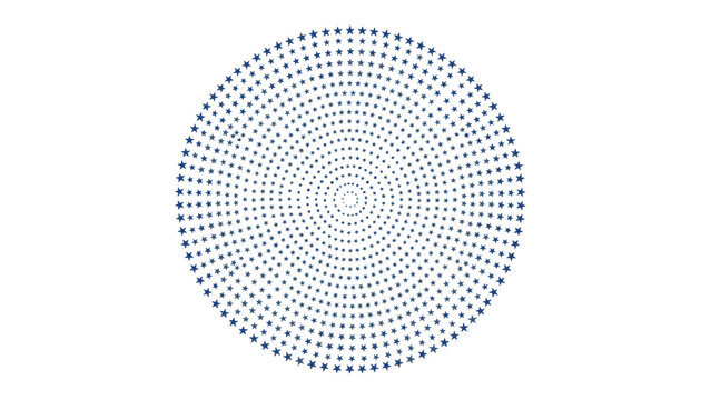 Spectacular circular halftone pattern composed of tiny blue stars arranged in radiating concentric circles on white.
