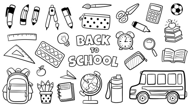Doodle back to school set. Hand-drawn children school supplies and stationery, including a backpack, pencil, scissors, and more. White background.