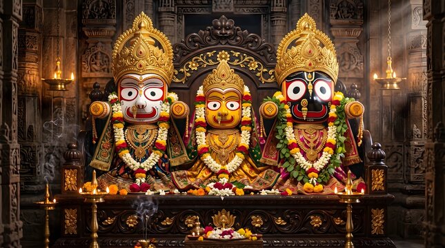 Jagannath temple altar with candlelight and floral garlands
