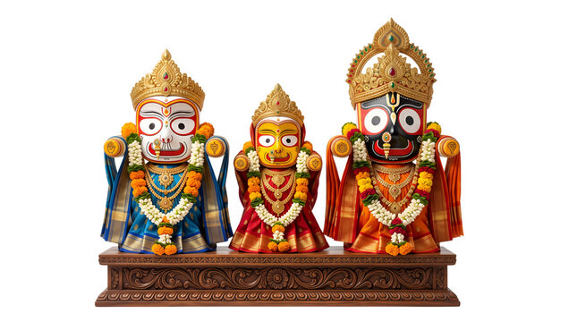 Jagannath deities placed inside wooden temple shrine indoors