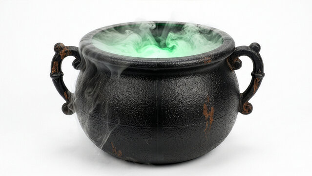 Black Witch Cauldron with Glowing Green Smoke on White Background, Halloween Prop