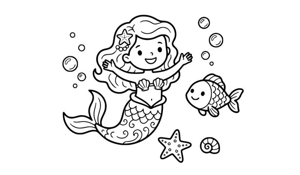 Cute Little Mermaid with Fish Starfish and Seashell Cartoon Outline Vector Illustration for Coloring