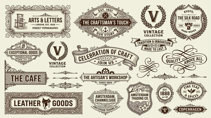 Obraz premium Vintage Vector Labels and Badges Collection Celebrating Craftsmanship and Artisanal Goods - Perfect for Branding and Design