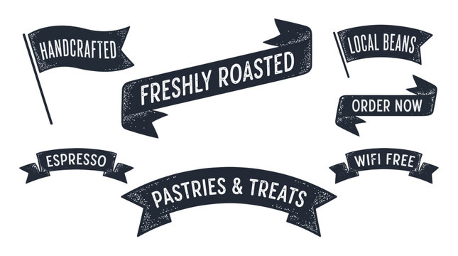 Versatile vector collection of hand-drawn vintage style banners and decorative ribbons, perfect for cafes, bakeries, and small businesses seeking an authentic, retro brand aesthetic for promotions