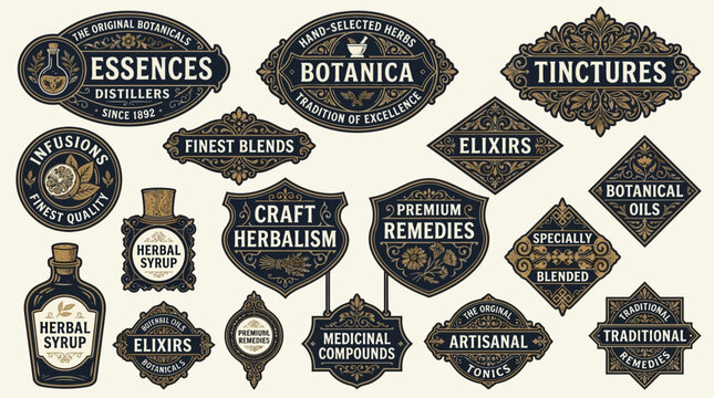 Ornate vector set of vintage botanical labels and emblems, perfect for natural health products, herbal tinctures, and organic extracts packaging design