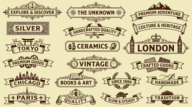 A comprehensive collection of elegant vintage vector banners and ornate retro ribbon labels, perfect for decorative graphic design projects, conveying handcrafted quality and classic style