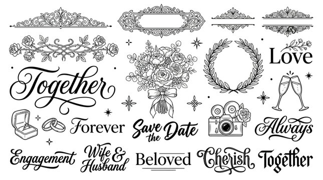 Elegant wedding and engagement calligraphy vector collection with romantic frames and floral ornaments, perfect for invitations and celebration designs