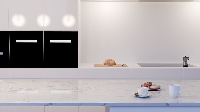 Kitchen Counter With Bread Board And Moka Pot 3D Render